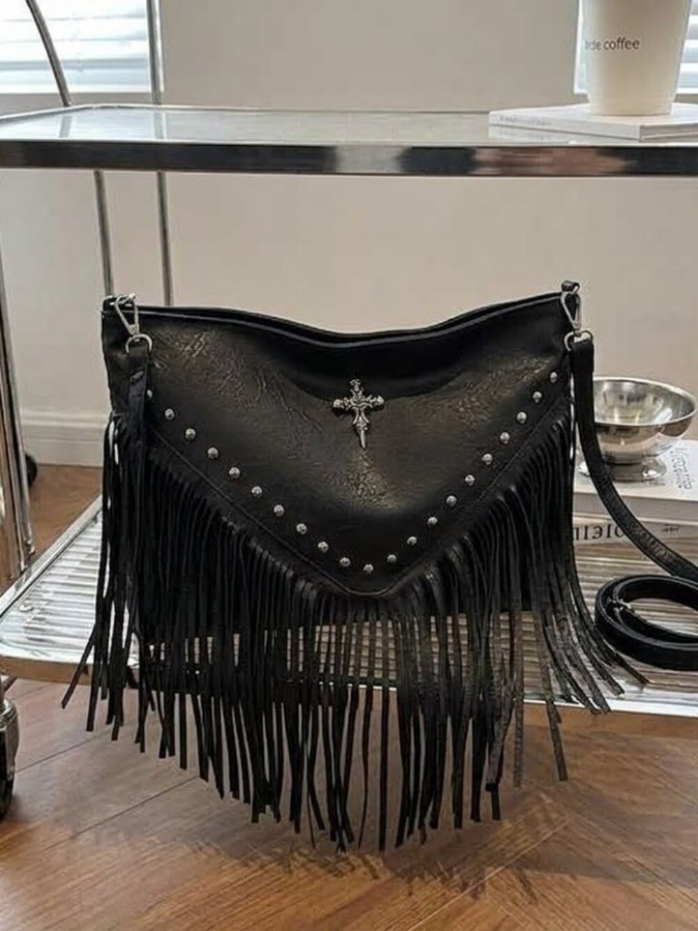 Black Fringe Purses for Women Fringe Crossbody Tassel Purse Gothic Studded